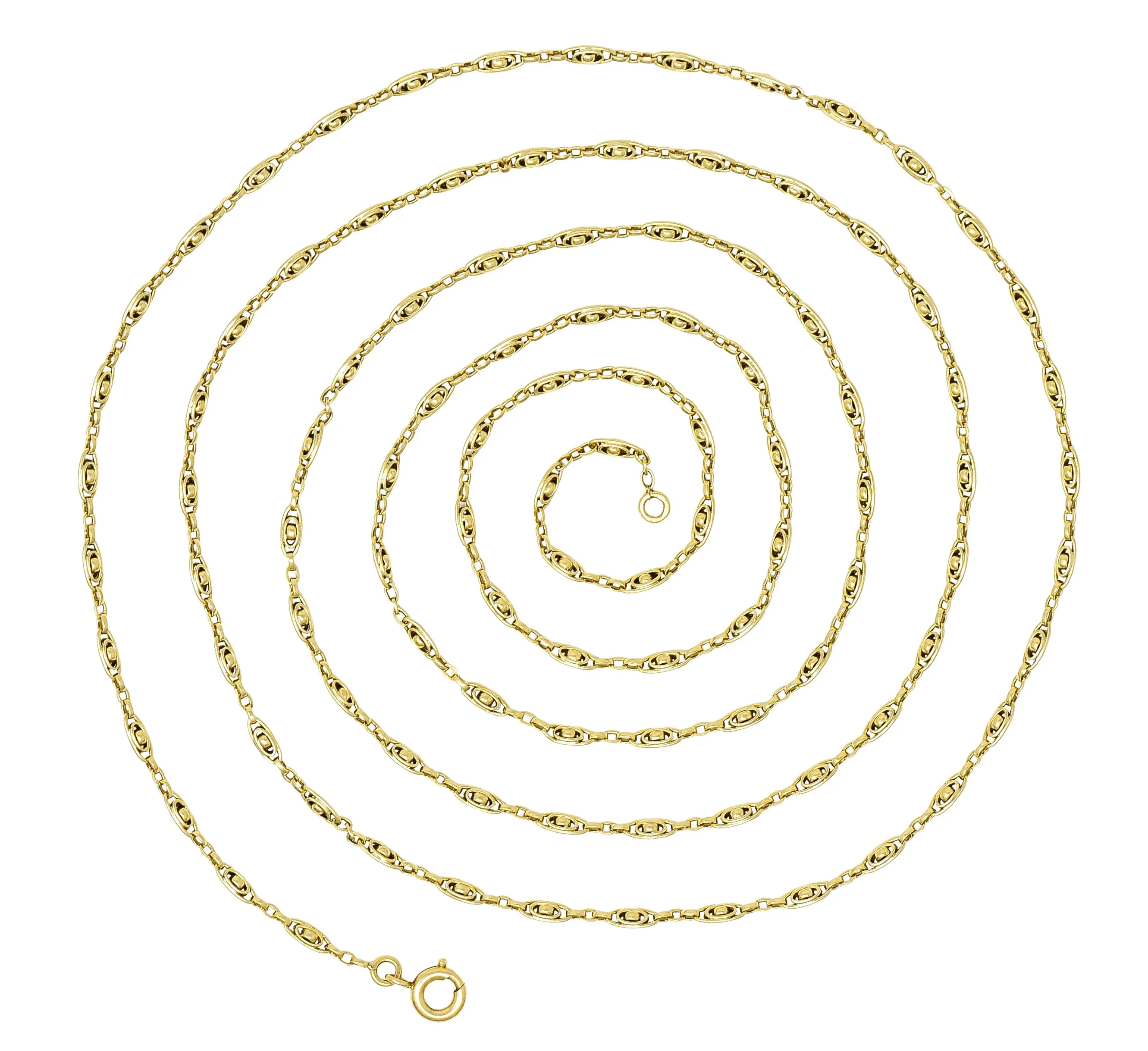 French Victorian 18 Karat Yellow Gold 58 1/2 Inch Long Oval Link Antique Chain Necklace