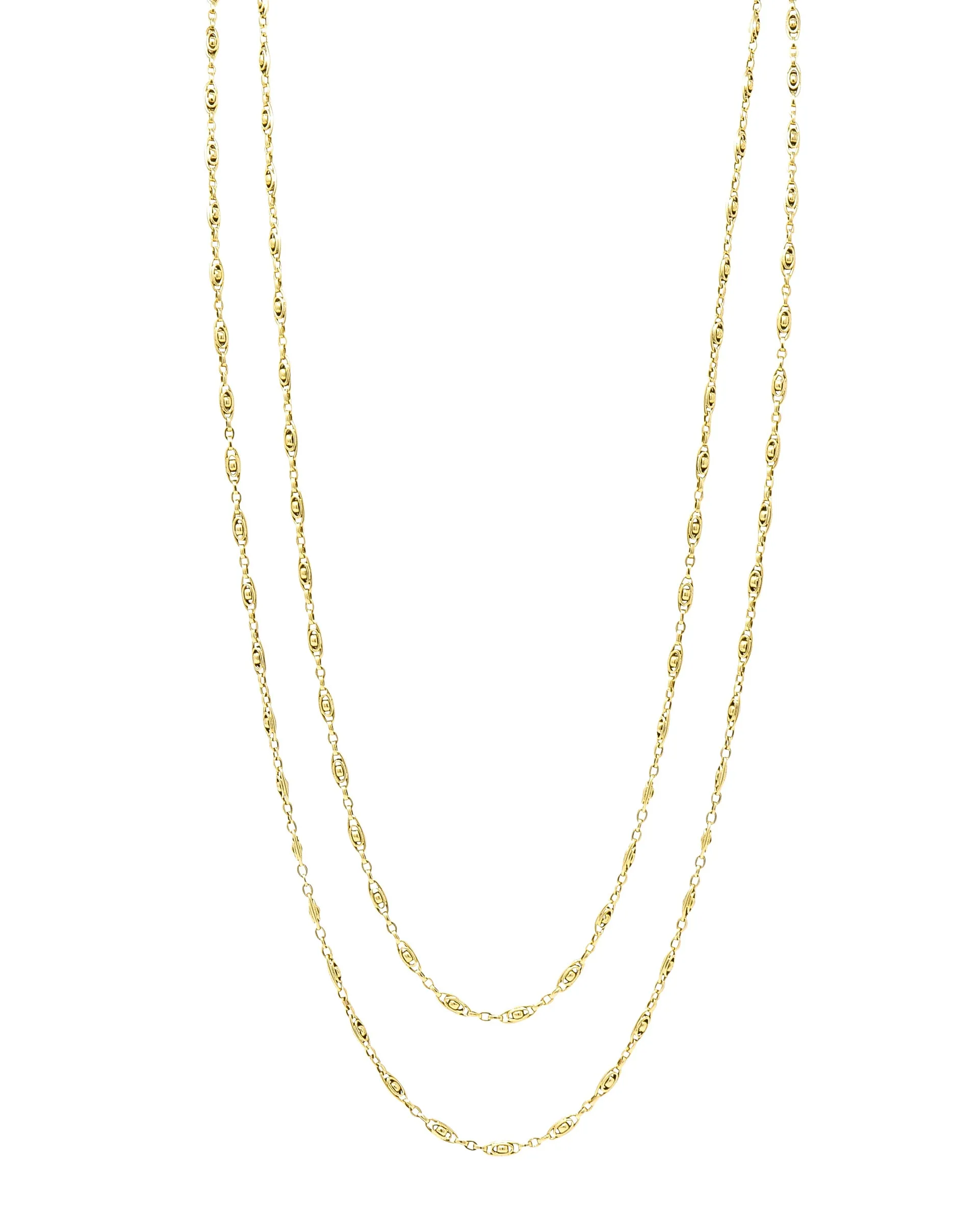 French Victorian 18 Karat Yellow Gold 58 1/2 Inch Long Oval Link Antique Chain Necklace