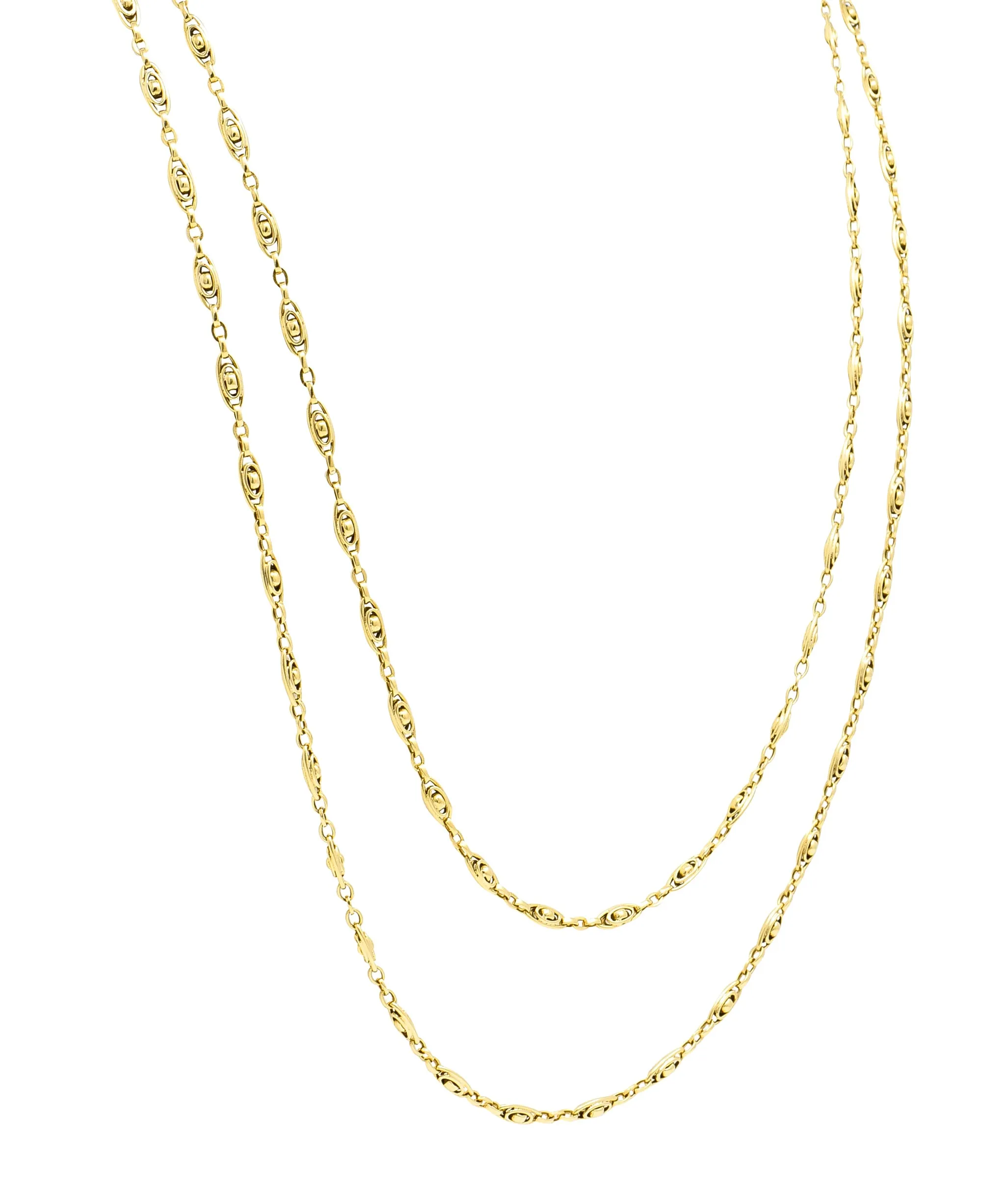 French Victorian 18 Karat Yellow Gold 58 1/2 Inch Long Oval Link Antique Chain Necklace