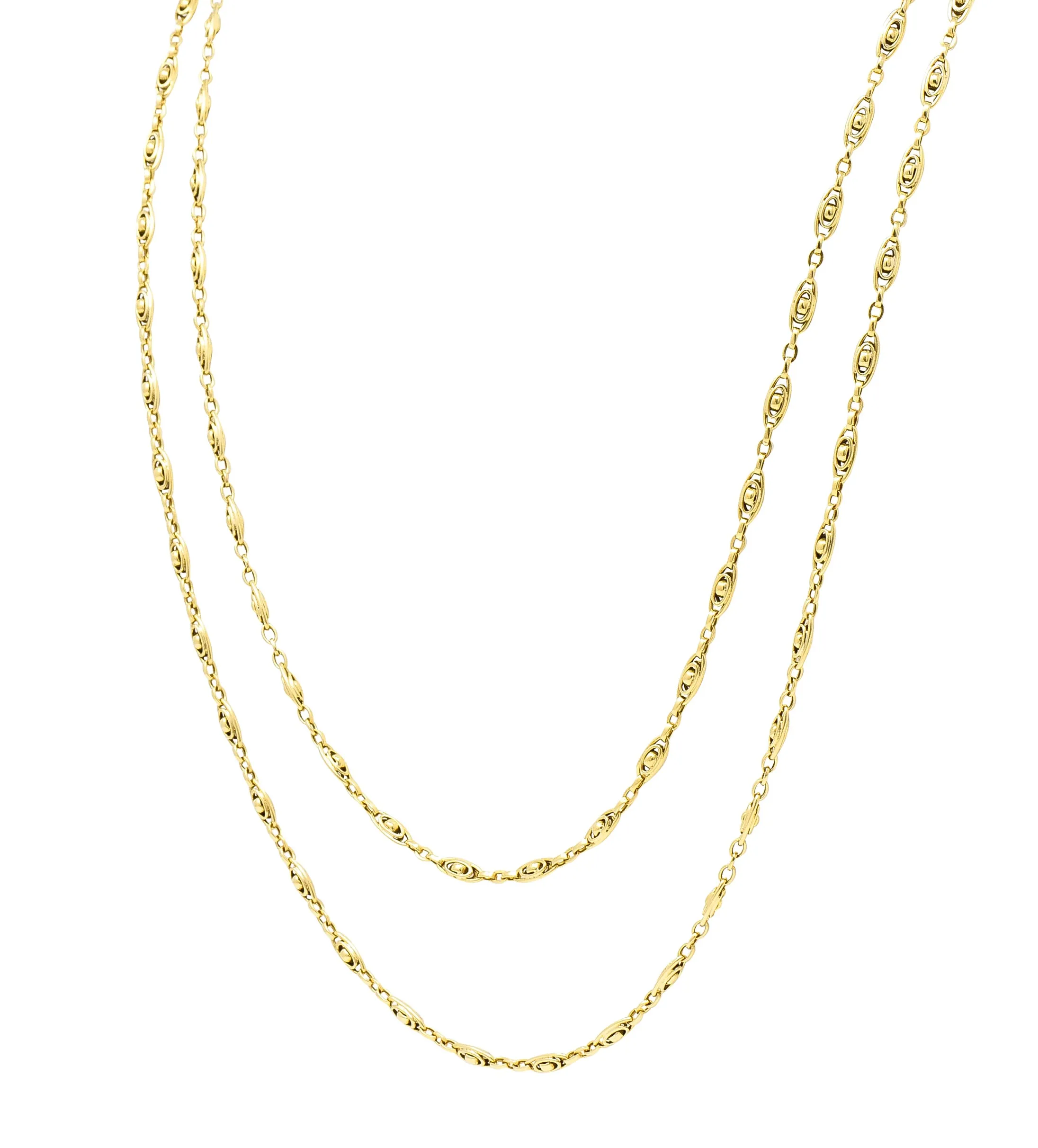 French Victorian 18 Karat Yellow Gold 58 1/2 Inch Long Oval Link Antique Chain Necklace