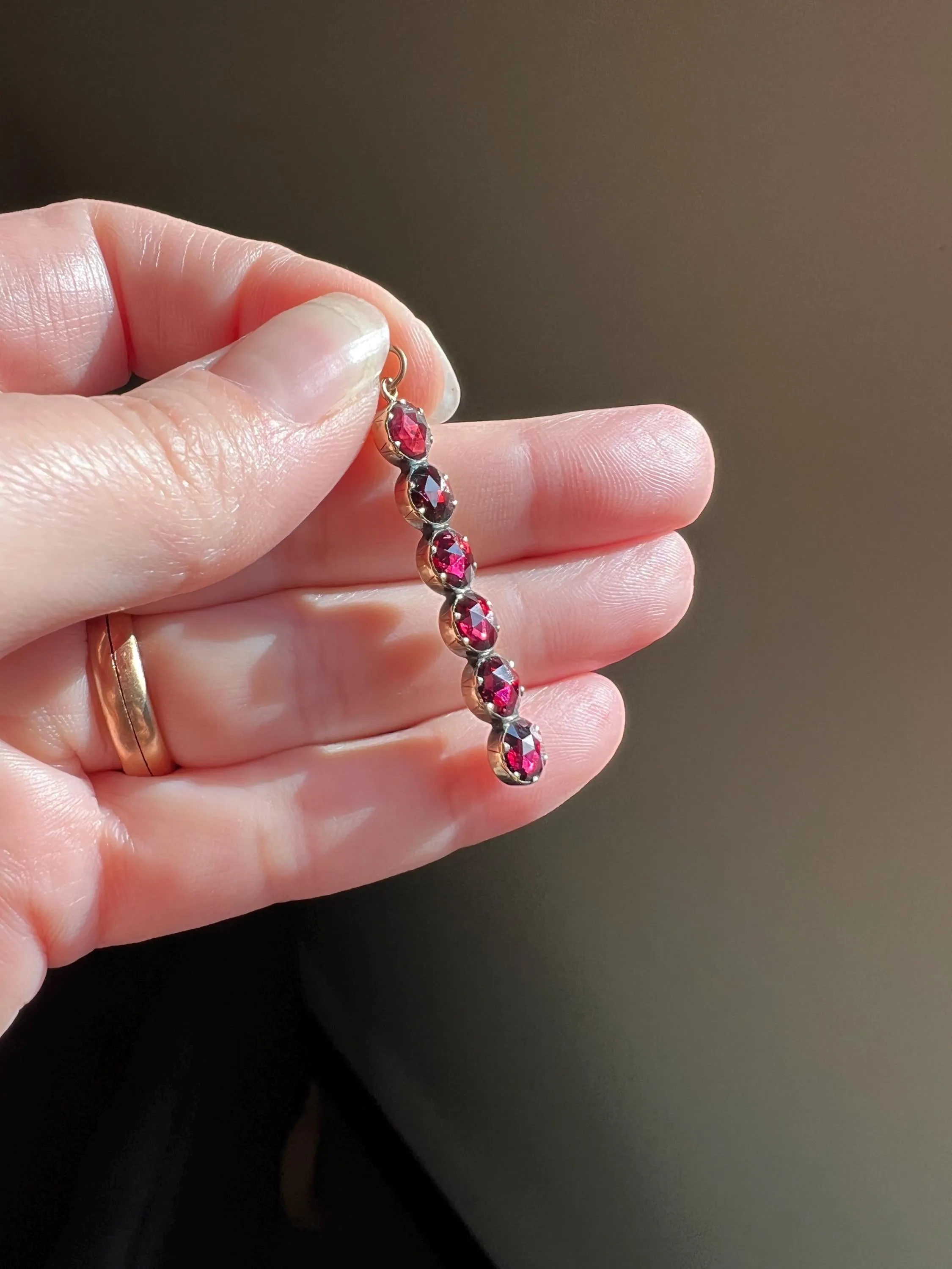 French VICTORIAN Perpignan GARNET Six Stone Bar Pendant 18k Gold Line Purple Red Linear Glow Love Gift