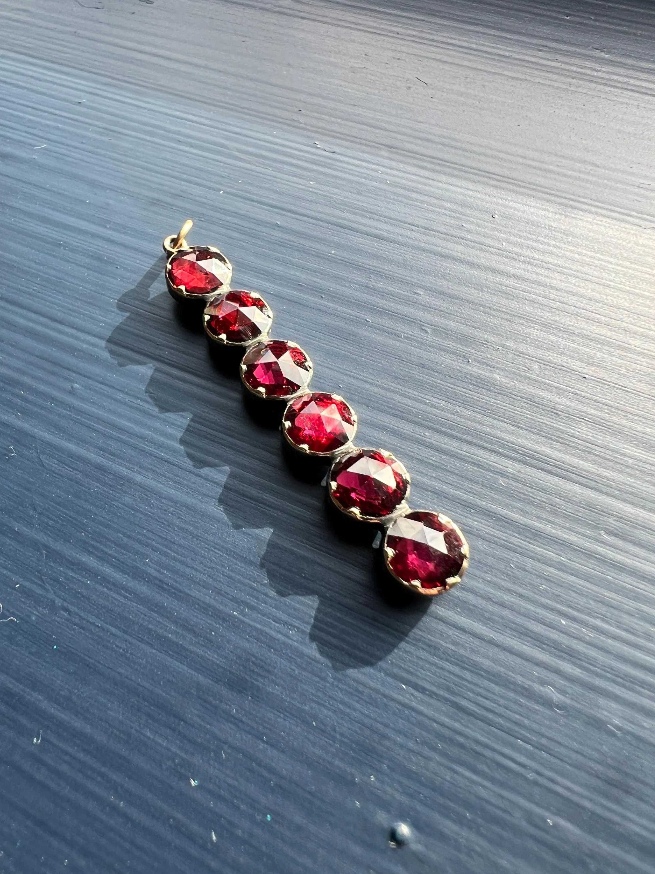 French VICTORIAN Perpignan GARNET Six Stone Bar Pendant 18k Gold Line Purple Red Linear Glow Love Gift