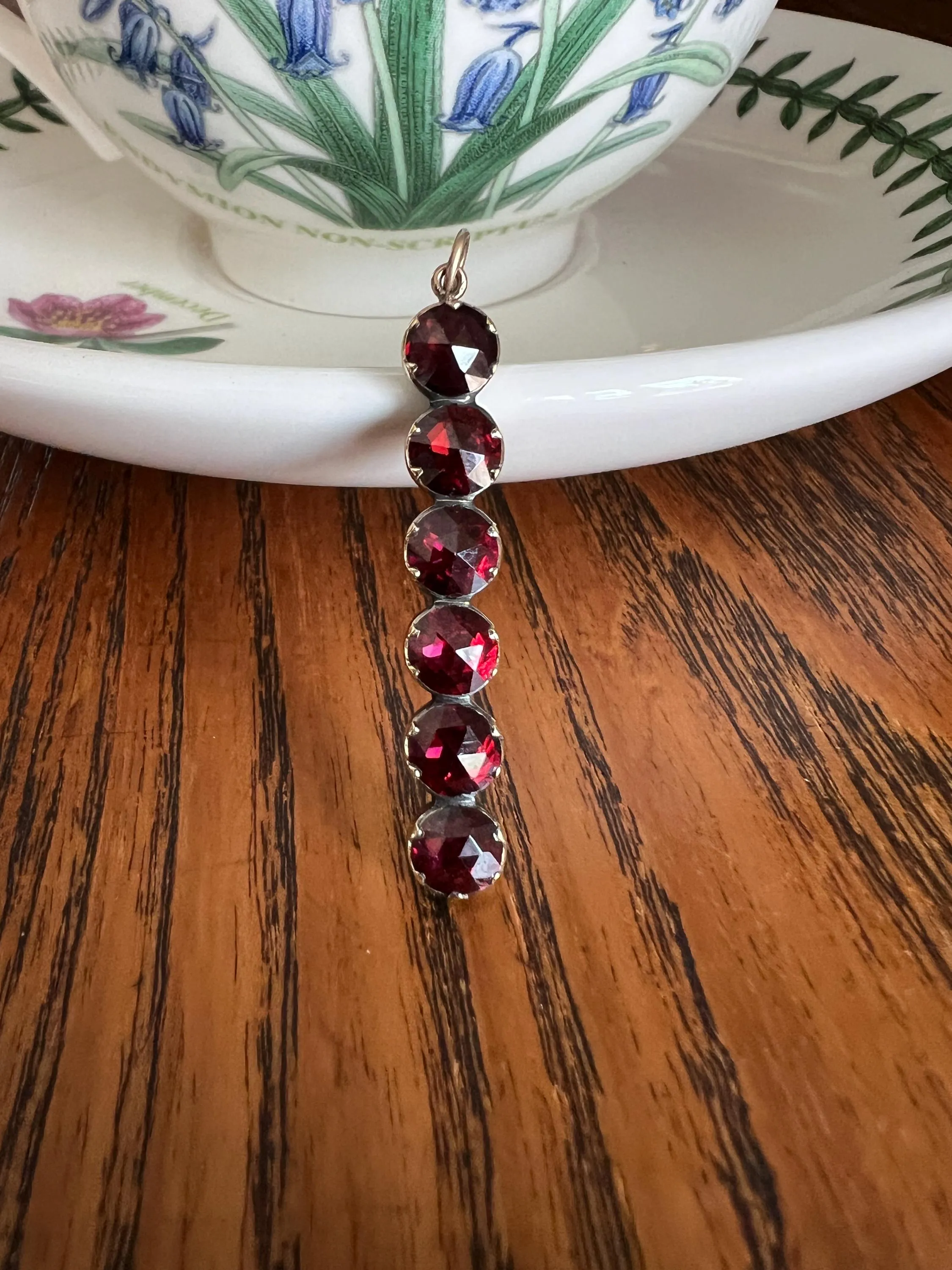 French VICTORIAN Perpignan GARNET Six Stone Bar Pendant 18k Gold Line Purple Red Linear Glow Love Gift