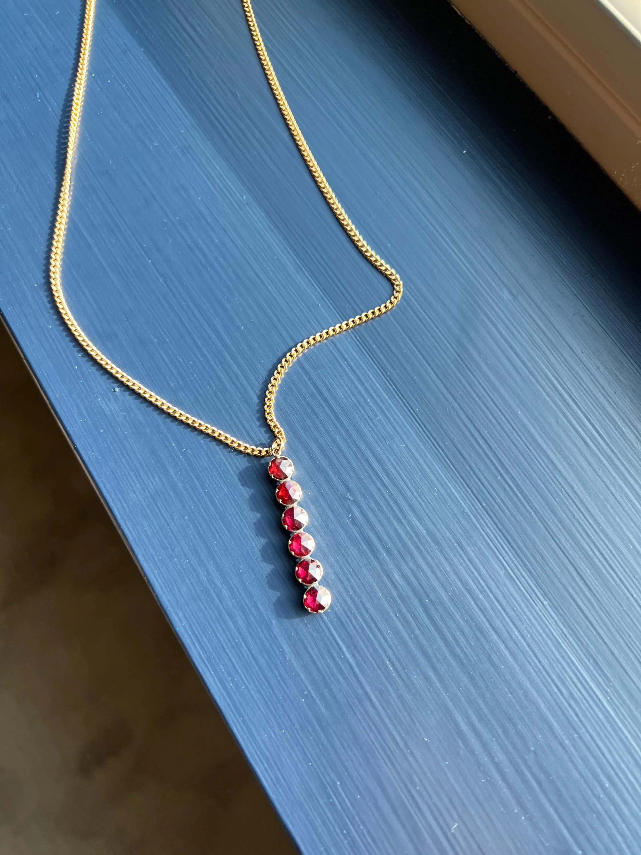 French VICTORIAN Perpignan GARNET Six Stone Bar Pendant 18k Gold Line Purple Red Linear Glow Love Gift