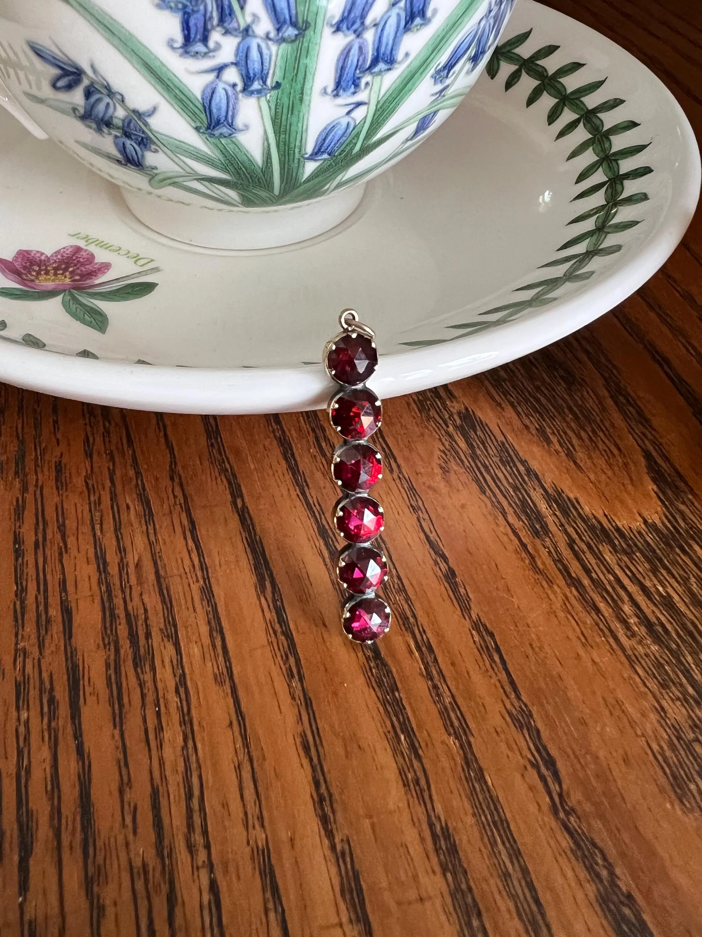 French VICTORIAN Perpignan GARNET Six Stone Bar Pendant 18k Gold Line Purple Red Linear Glow Love Gift