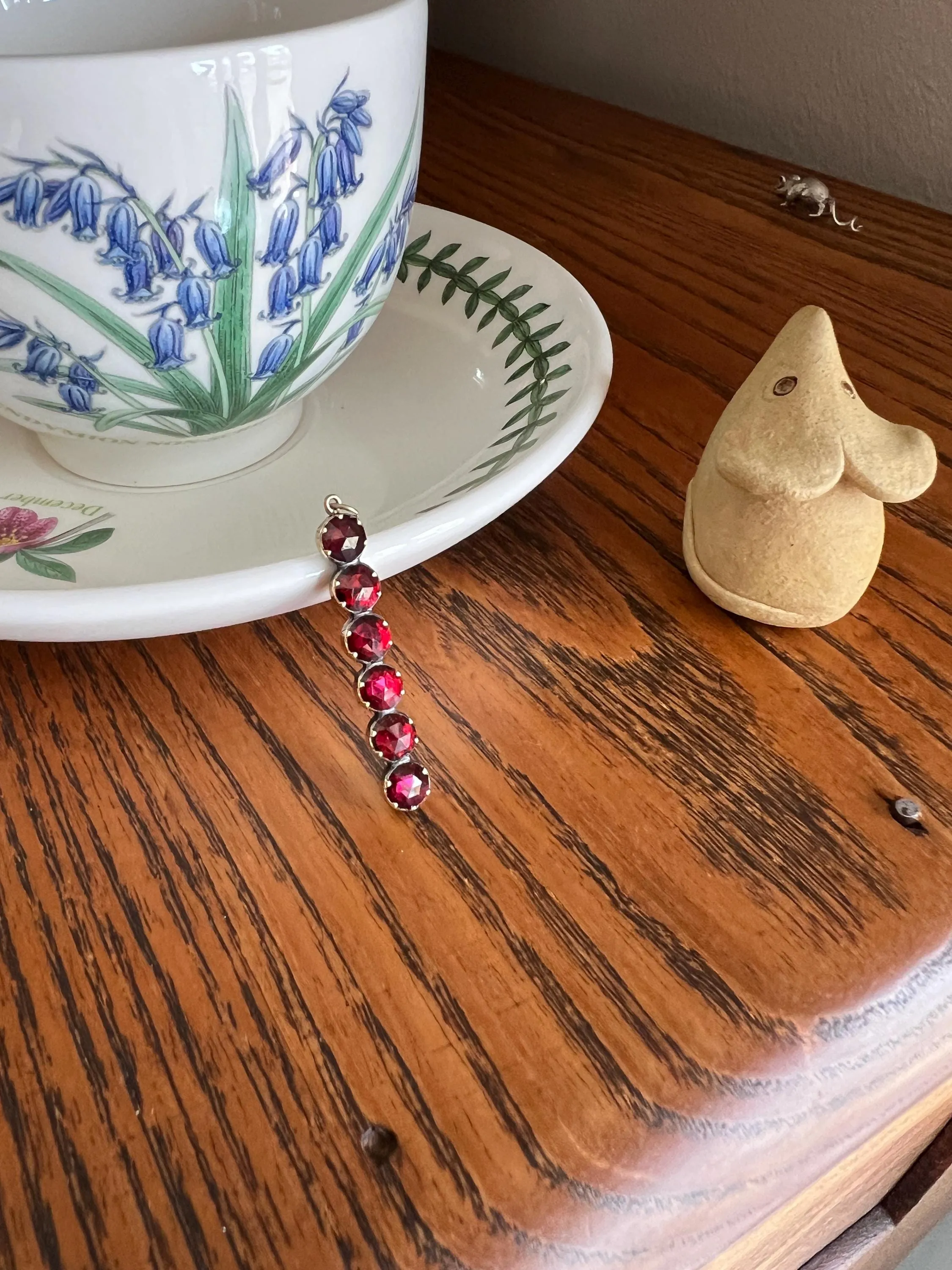 French VICTORIAN Perpignan GARNET Six Stone Bar Pendant 18k Gold Line Purple Red Linear Glow Love Gift