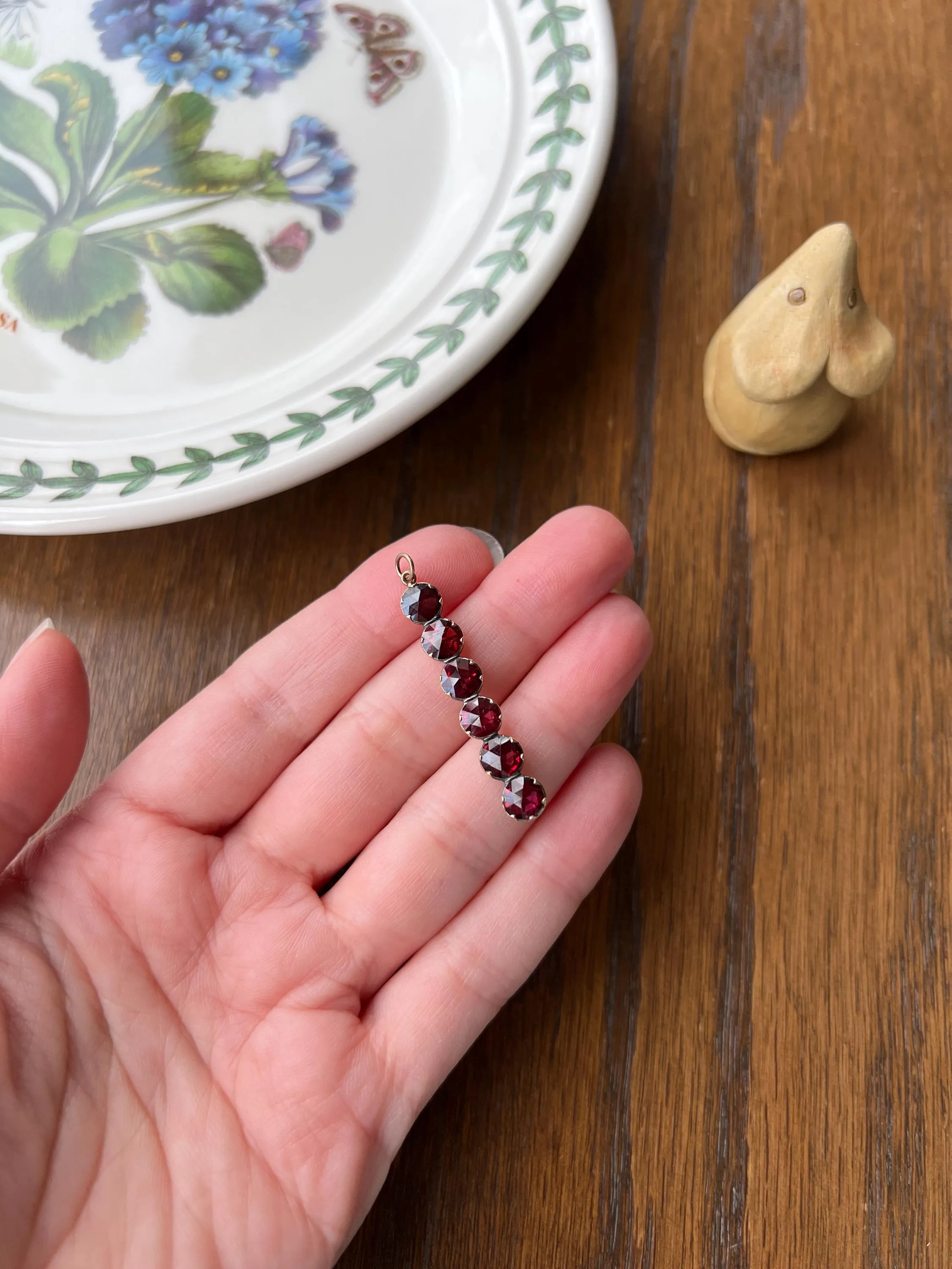 French VICTORIAN Perpignan GARNET Six Stone Bar Pendant 18k Gold Line Purple Red Linear Glow Love Gift
