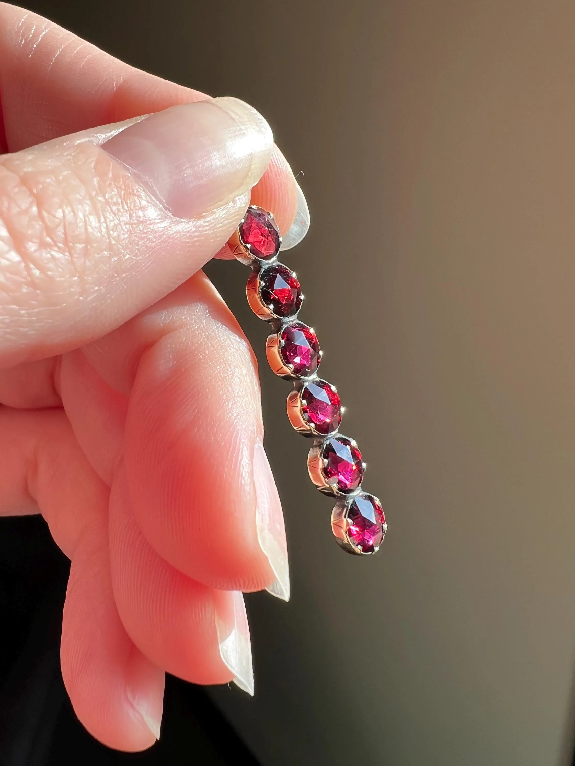 French VICTORIAN Perpignan GARNET Six Stone Bar Pendant 18k Gold Line Purple Red Linear Glow Love Gift