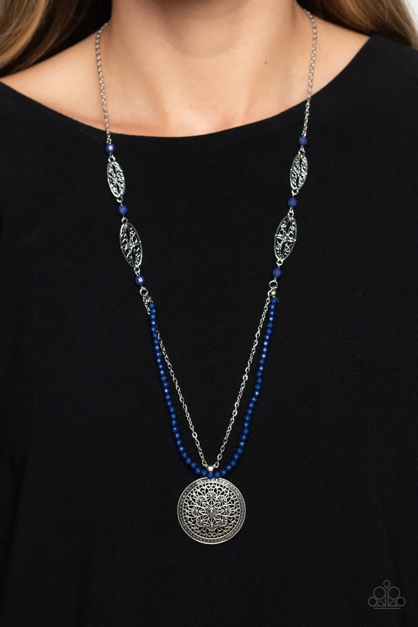 Garden of Grace - Blue - Navy Bead Floral Filigree Pendant Tiered Paparazzi Long Necklace