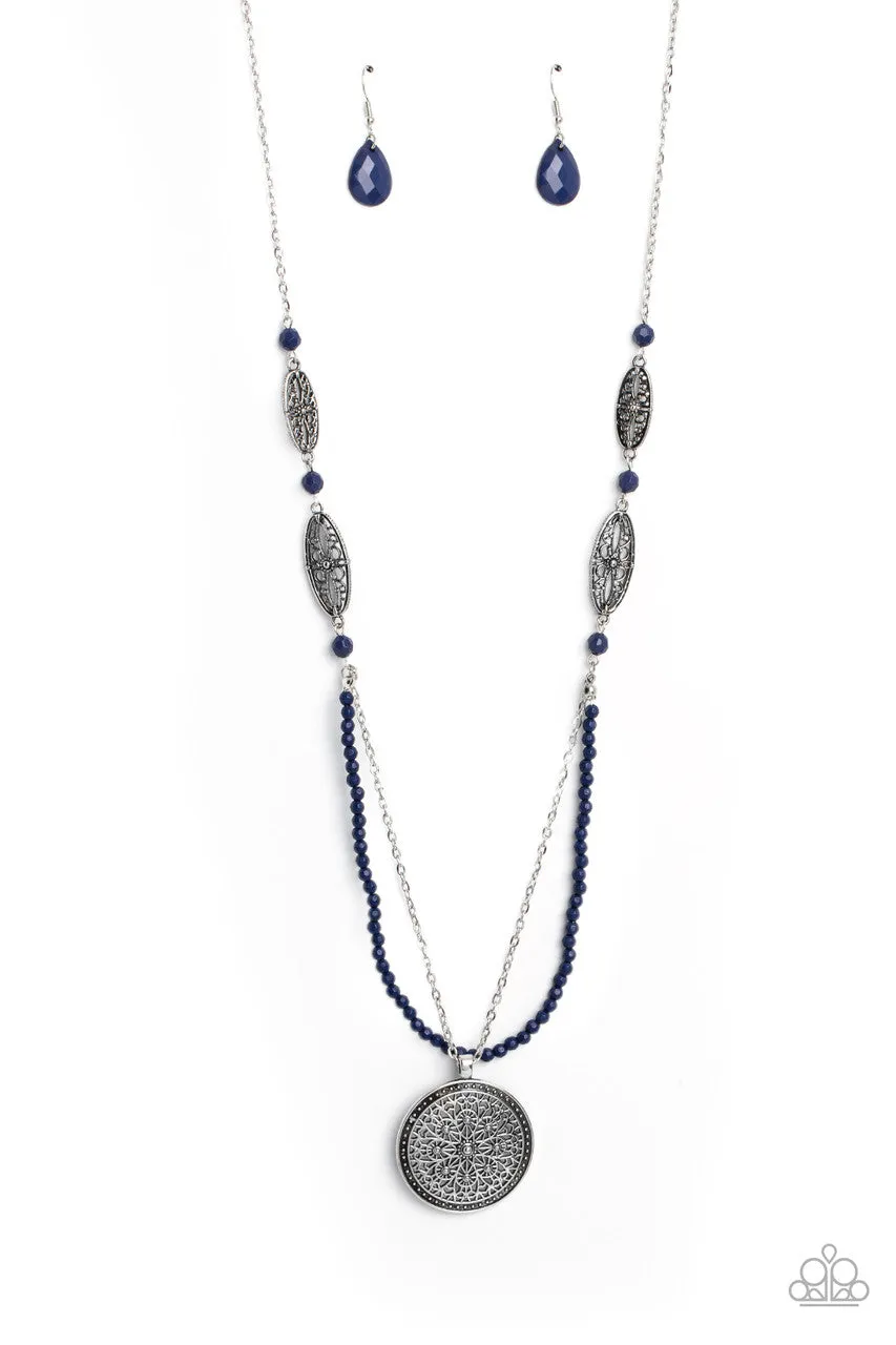 Garden of Grace - Blue - Navy Bead Floral Filigree Pendant Tiered Paparazzi Long Necklace