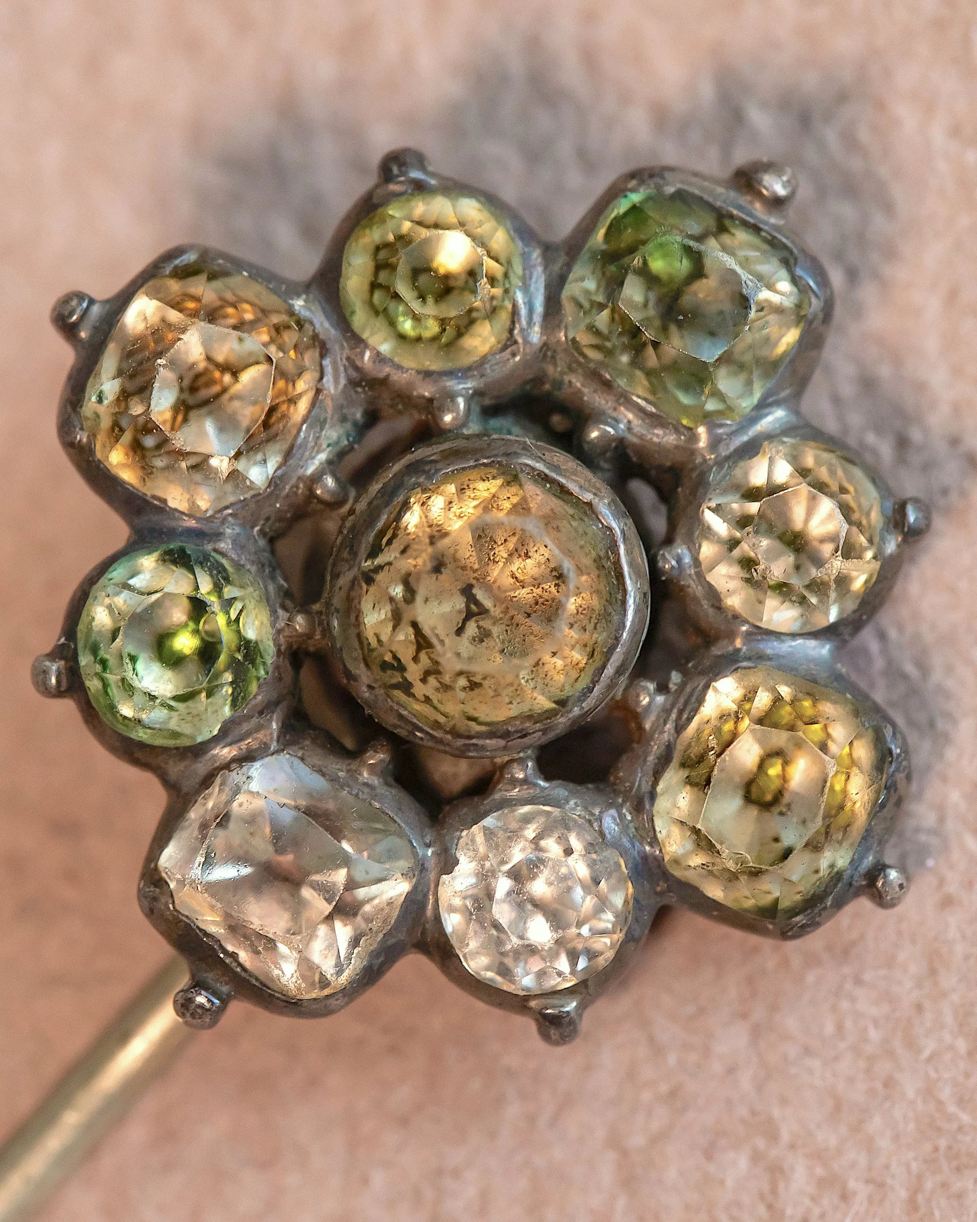 Georgian 2.71 CTW Crystal Quartz Black Dot Foiled Floral Cluster Stick Pin
