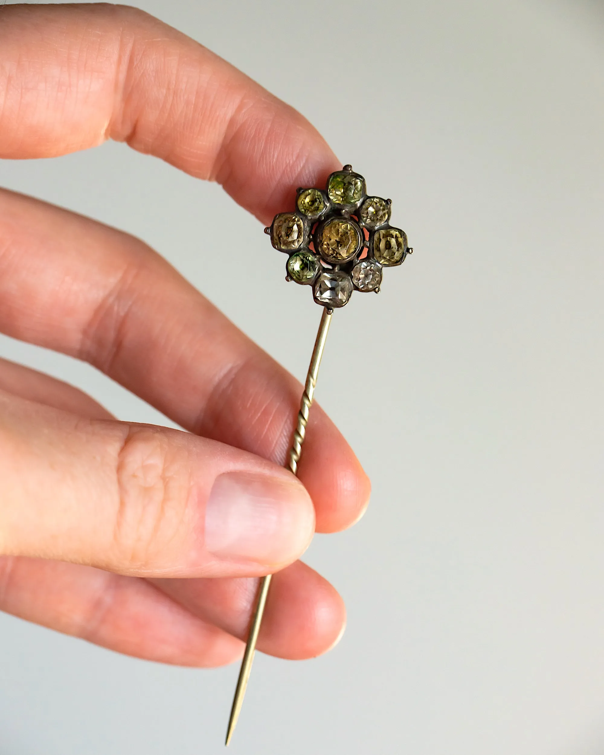 Georgian 2.71 CTW Crystal Quartz Black Dot Foiled Floral Cluster Stick Pin