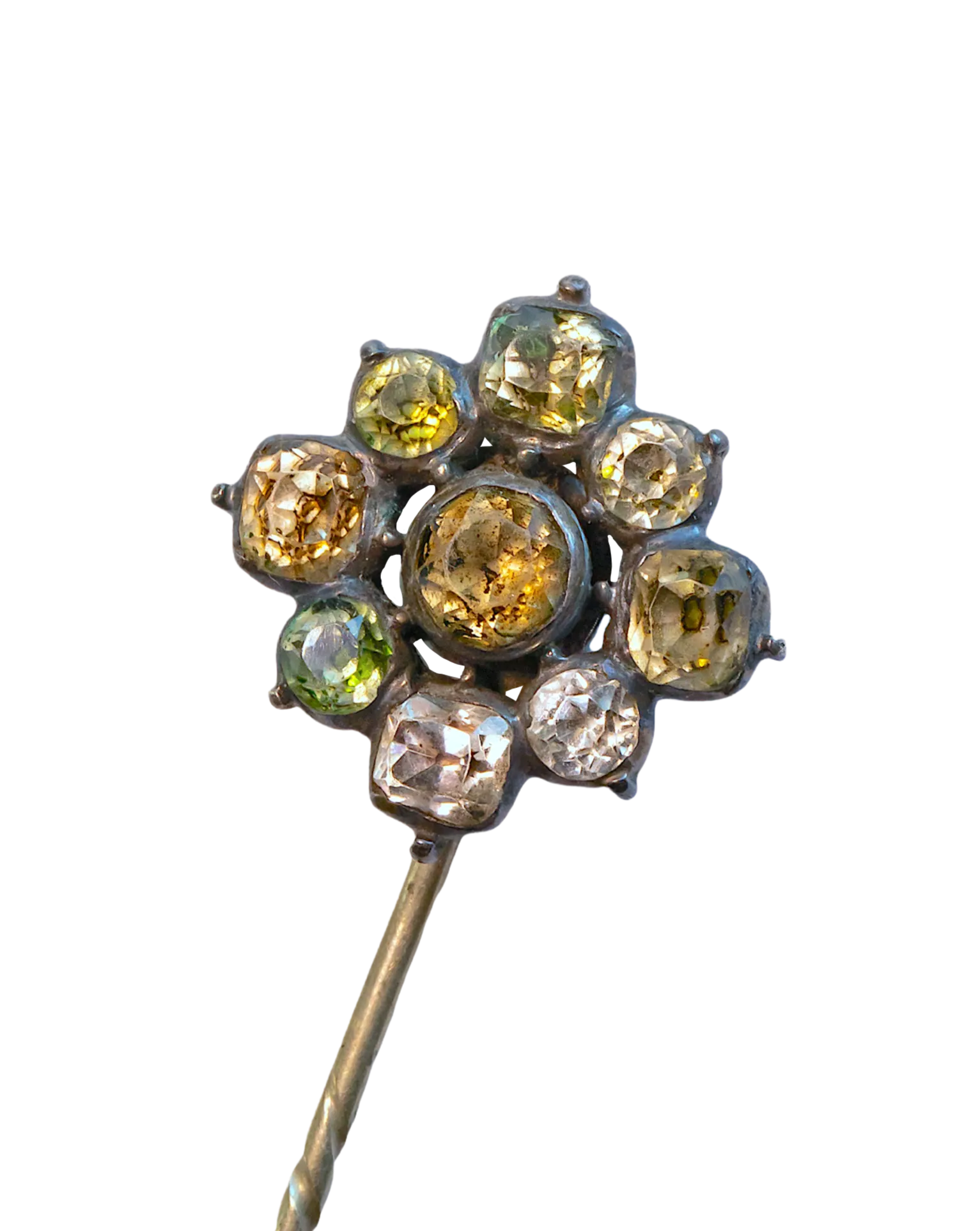 Georgian 2.71 CTW Crystal Quartz Black Dot Foiled Floral Cluster Stick Pin