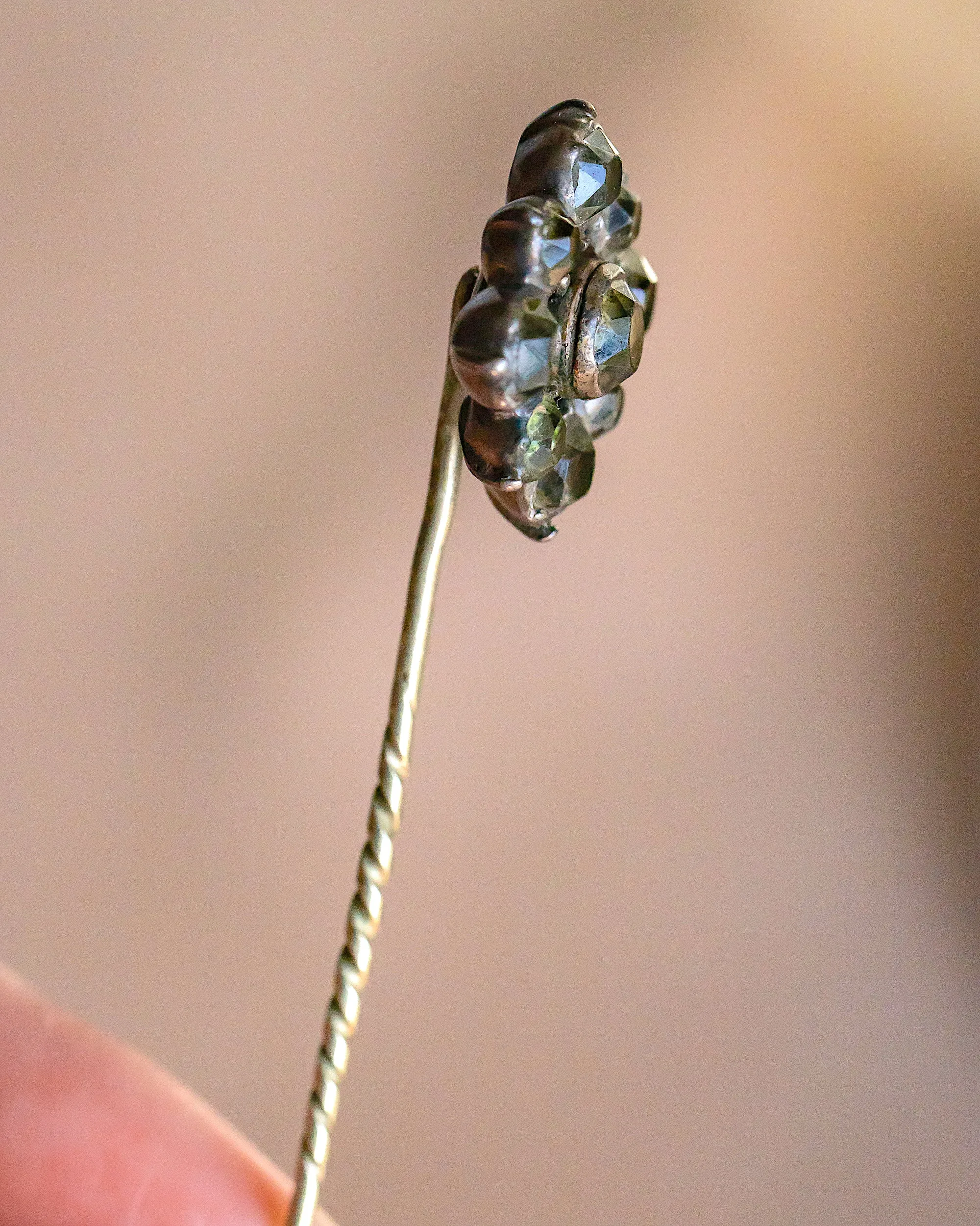 Georgian 2.71 CTW Crystal Quartz Black Dot Foiled Floral Cluster Stick Pin