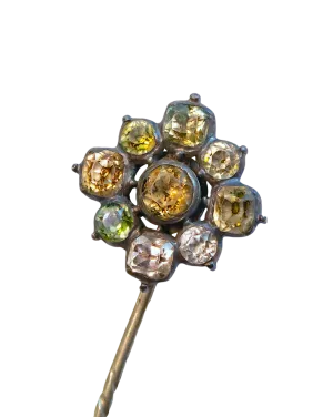Georgian 2.71 CTW Crystal Quartz Black Dot Foiled Floral Cluster Stick Pin