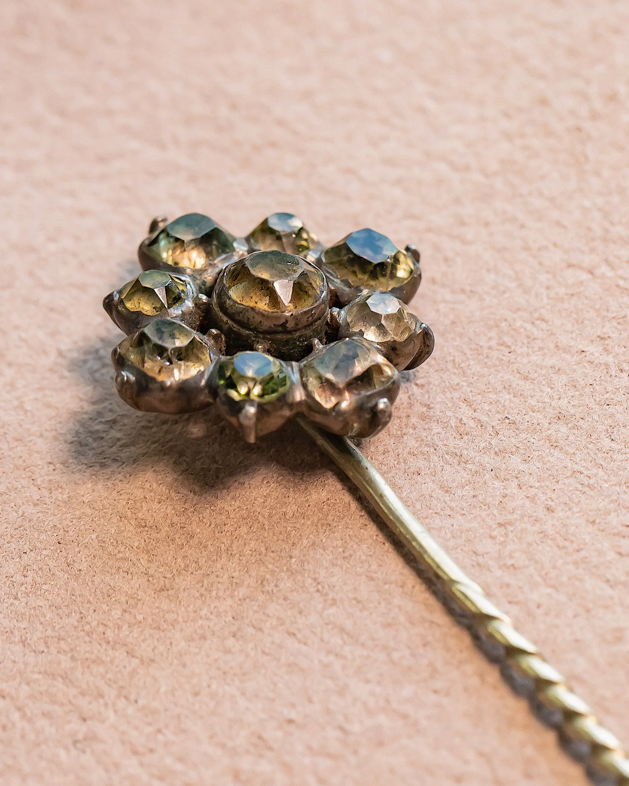 Georgian 2.71 CTW Crystal Quartz Black Dot Foiled Floral Cluster Stick Pin