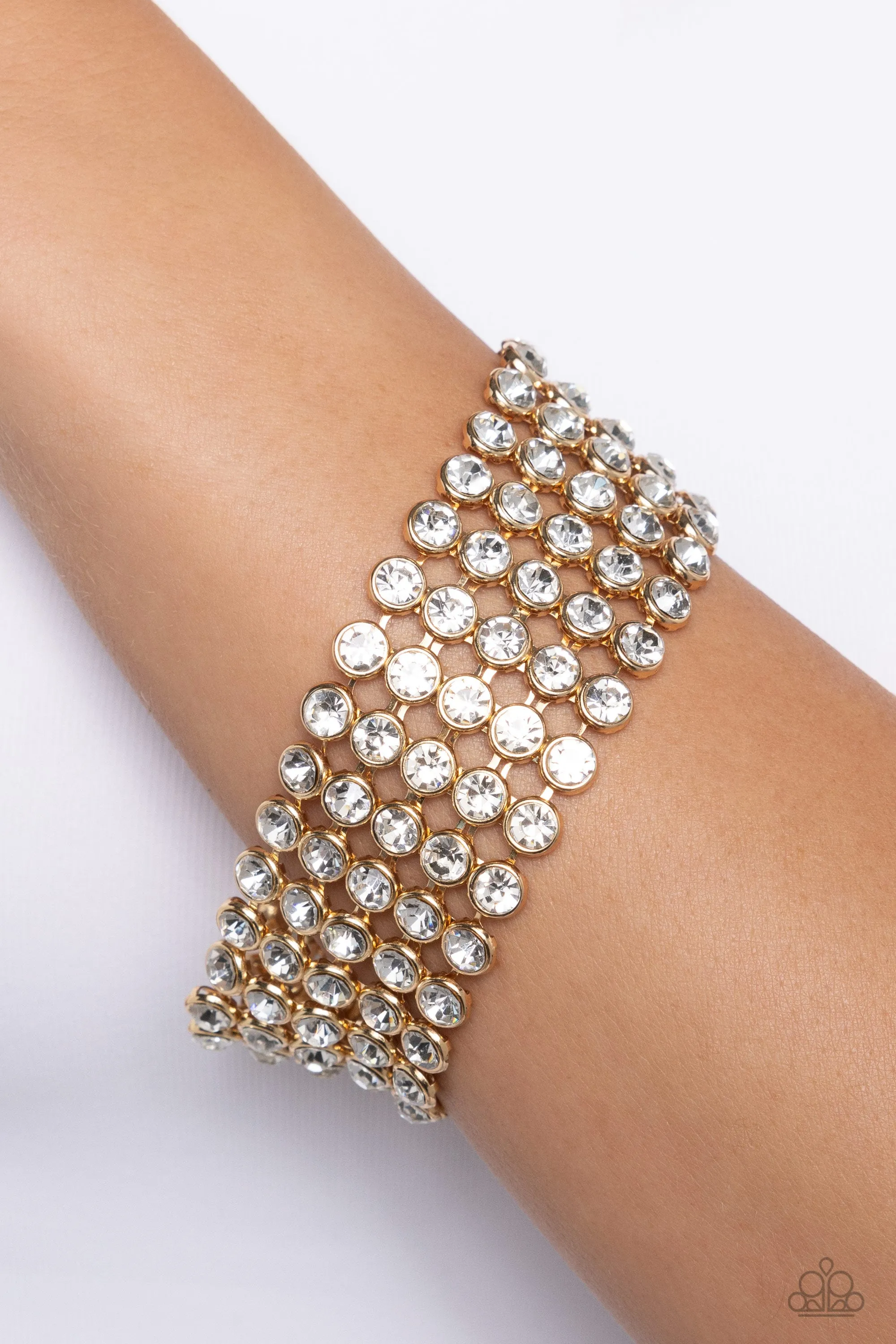 GLASSY Gallery - Gold - White Rhinestone Paparazzi Lobster Claw Bracelet