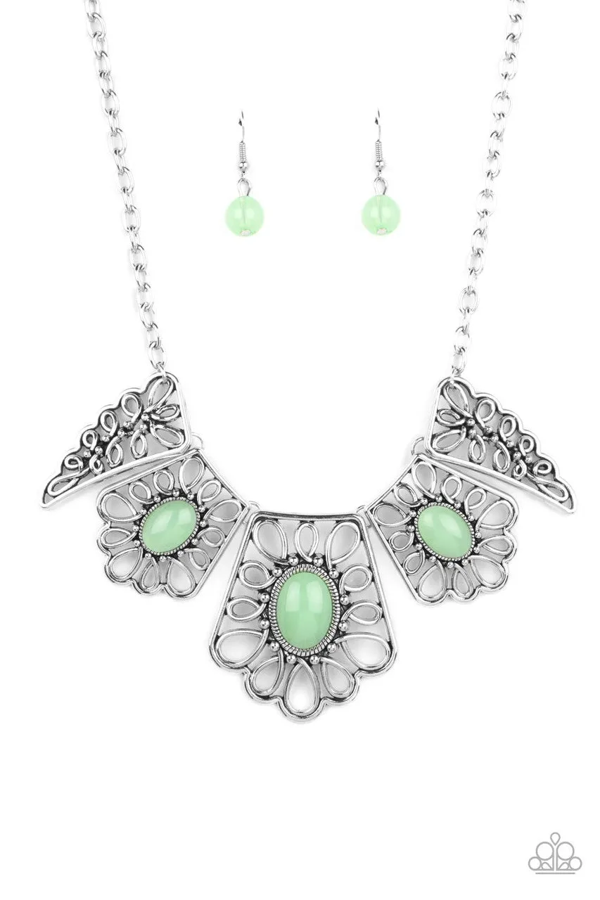 Glimmering Groves - Green - Bead Silver Filigree Paparazzi Short Statement Necklace
