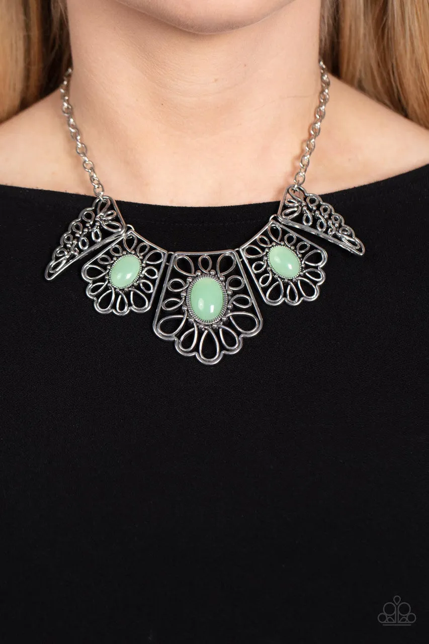 Glimmering Groves - Green - Bead Silver Filigree Paparazzi Short Statement Necklace