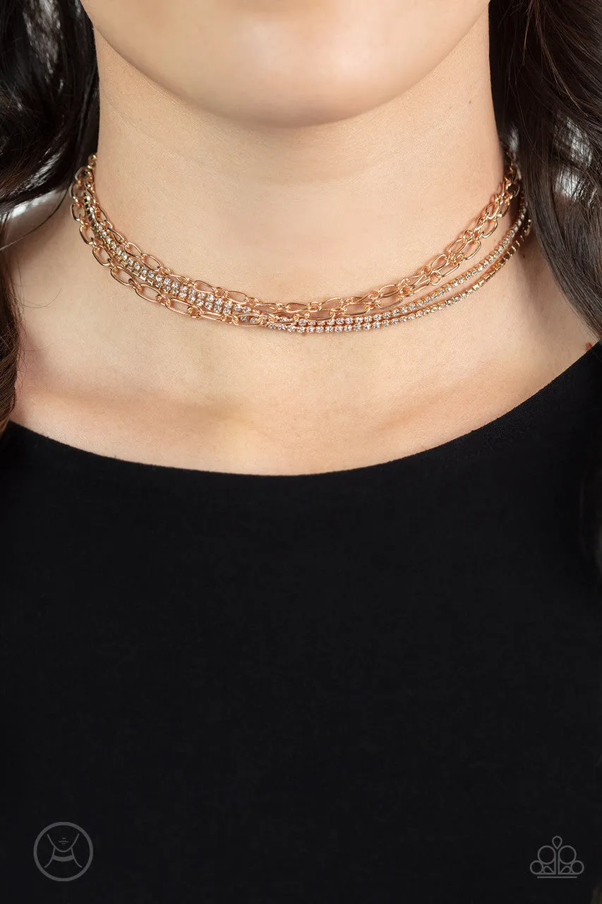 Glitter and Gossip - Gold - White Rhinestone Dainty Paparazzi Choker Necklace