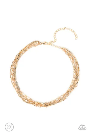 Glitter and Gossip - Gold - White Rhinestone Dainty Paparazzi Choker Necklace