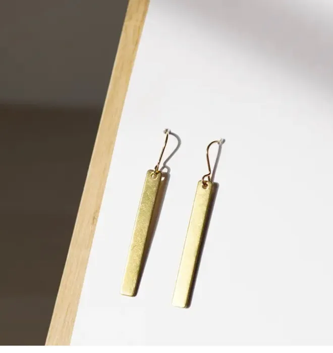 Gold Brass Slim Rectangle Earrings