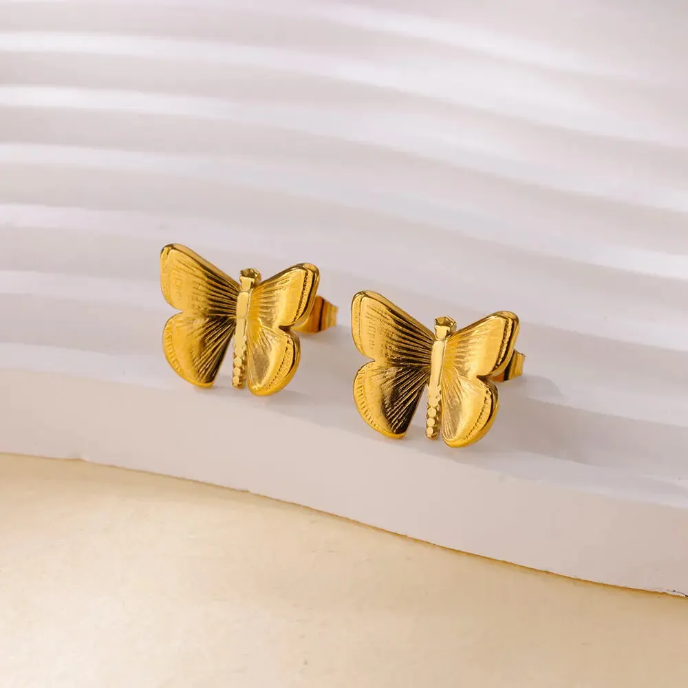 Gold Butterfly Stud Earrings – Stainless Steel Trendy Aesthetic Ear Jewelry