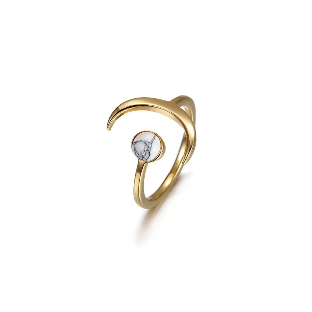 Gold Crescent Moon Stacking Rings with White Marble for Women