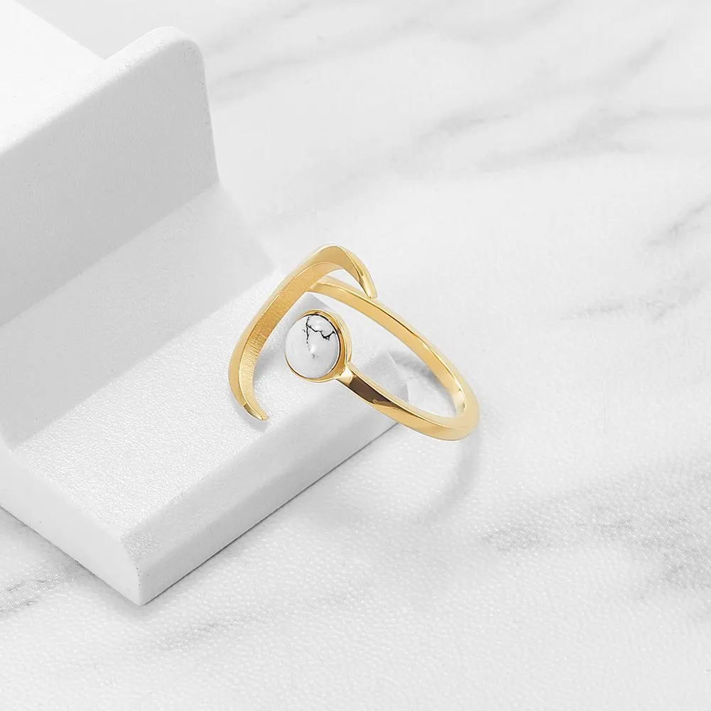 Gold Crescent Moon Stacking Rings with White Marble for Women
