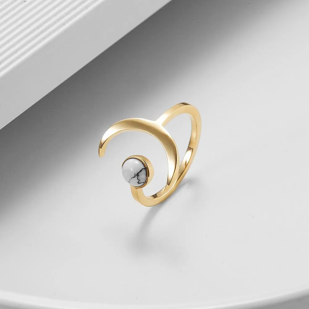 Gold Crescent Moon Stacking Rings with White Marble for Women