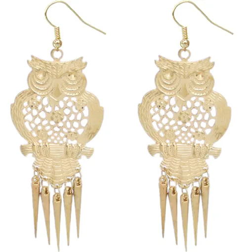 Gold Long Spike Hoot Owl Earrings