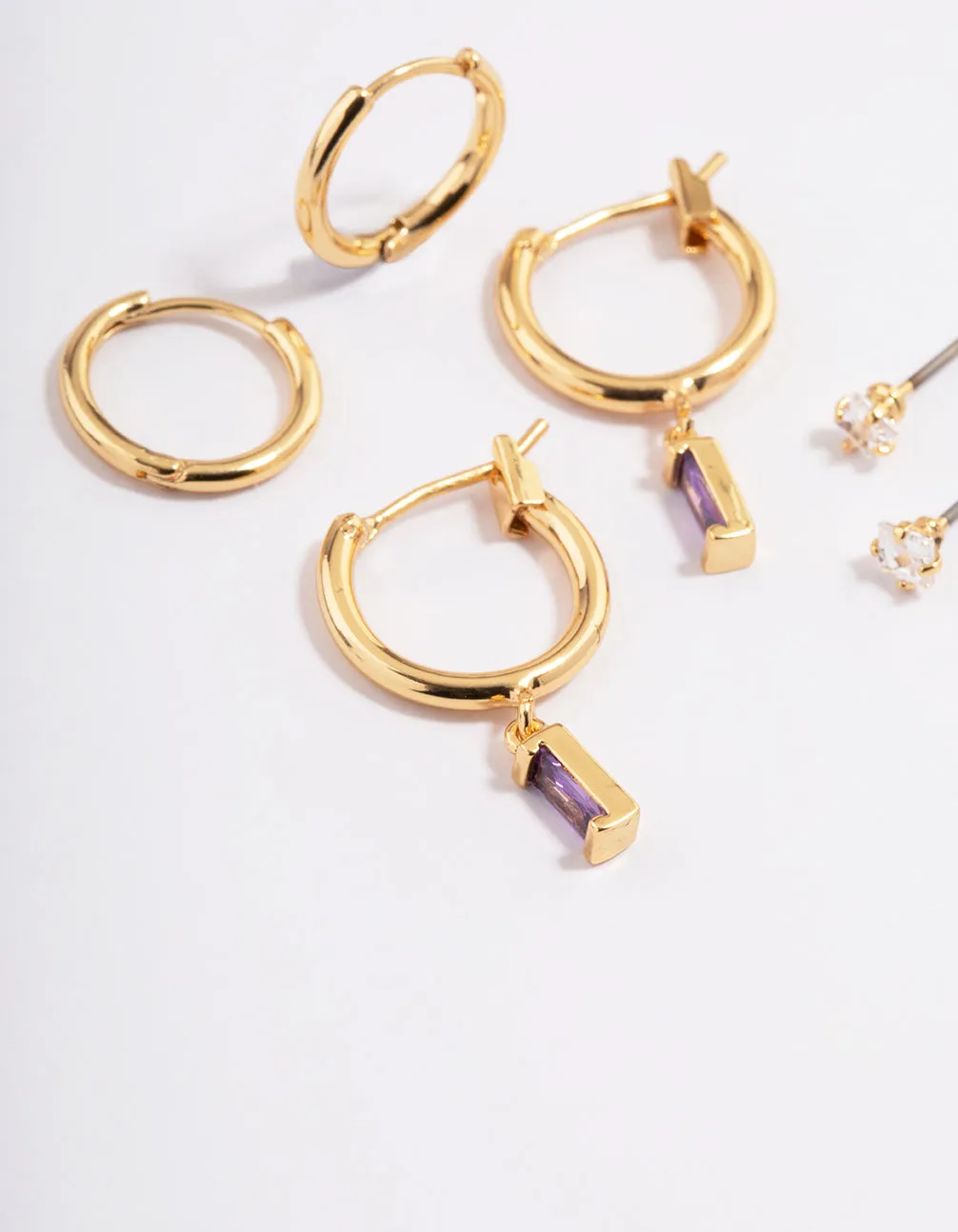 Gold Plated Cubic Zirconia Baguette Huggie Earrings 6-Pack