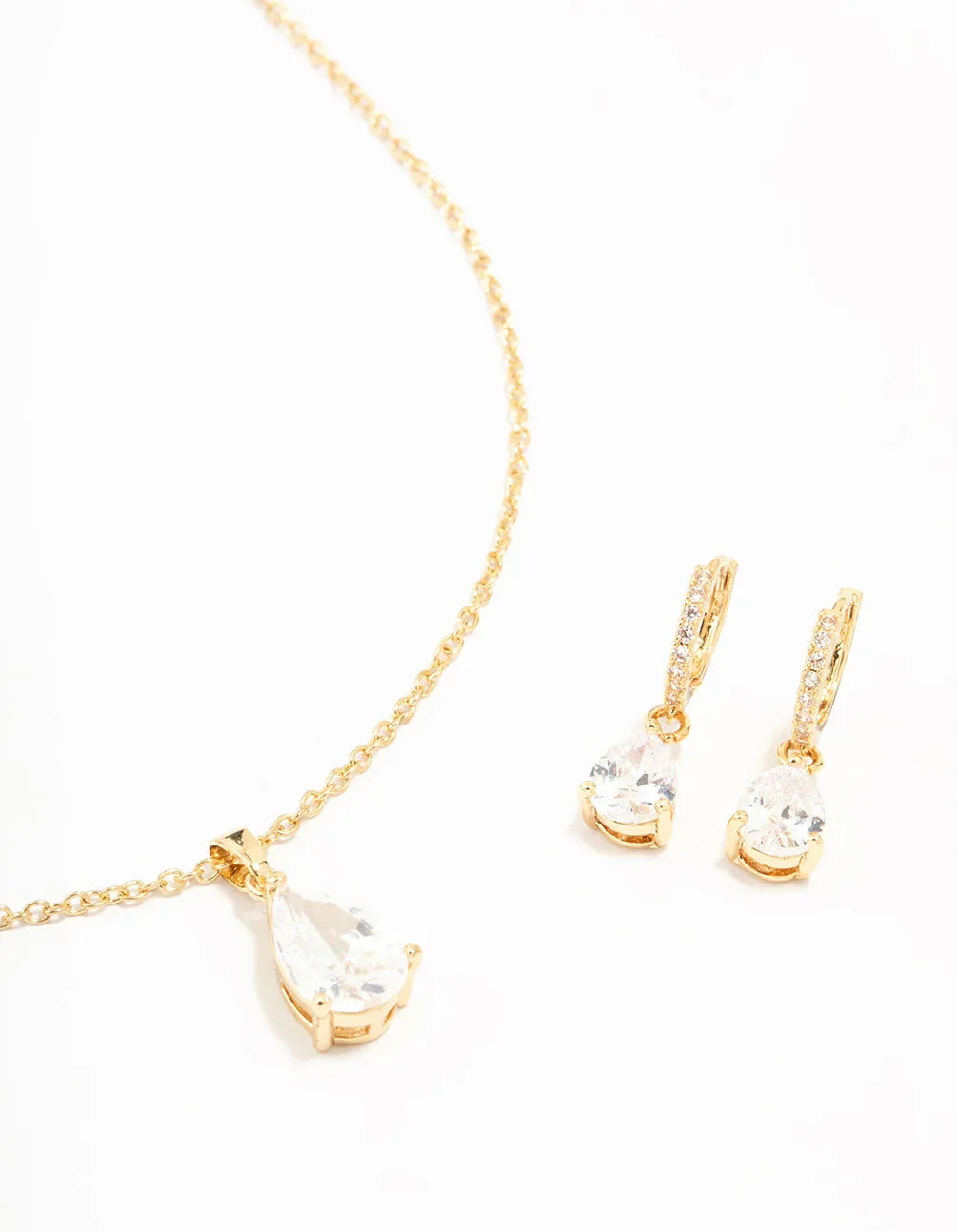 Gold Plated Cubic Zirconia Drop Necklace & Stud Earrings Set