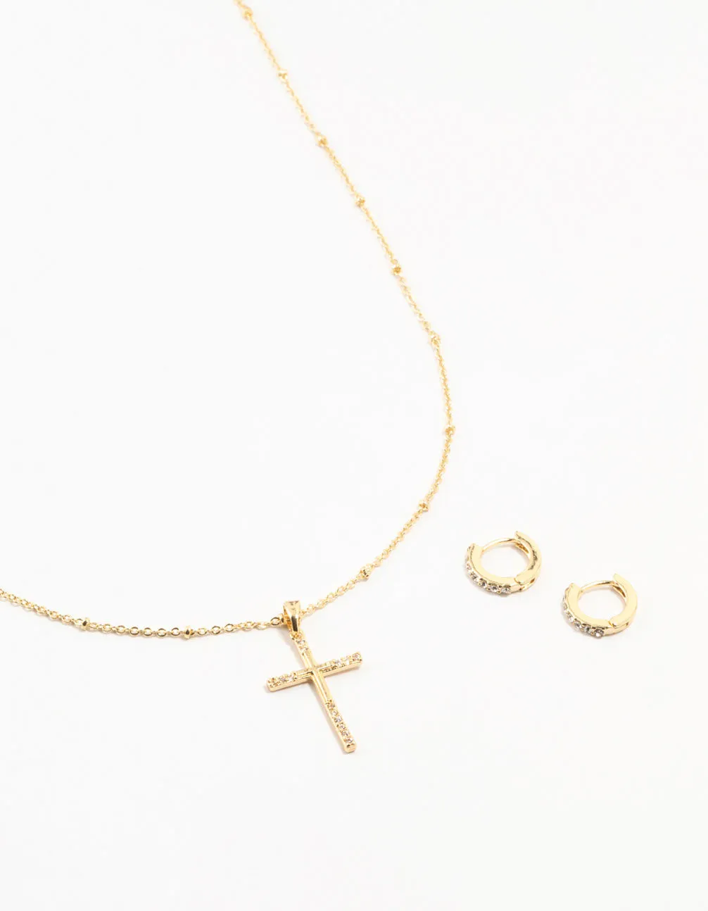 Gold Plated Diamante Edge Cross Necklace & Huggie Earrings Set