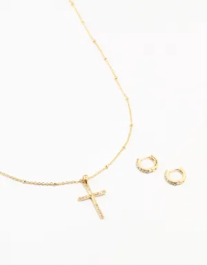 Gold Plated Diamante Edge Cross Necklace & Huggie Earrings Set