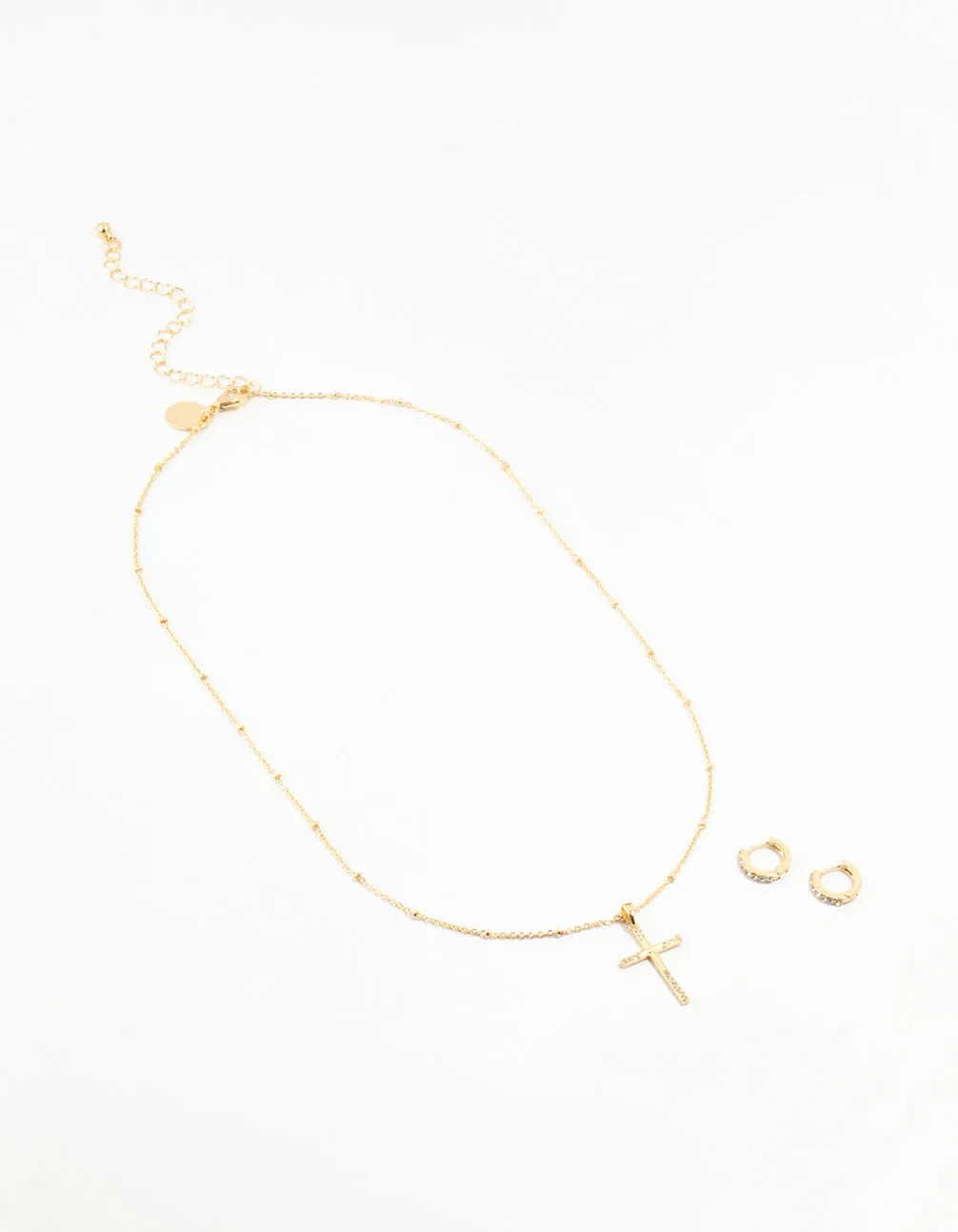 Gold Plated Diamante Edge Cross Necklace & Huggie Earrings Set