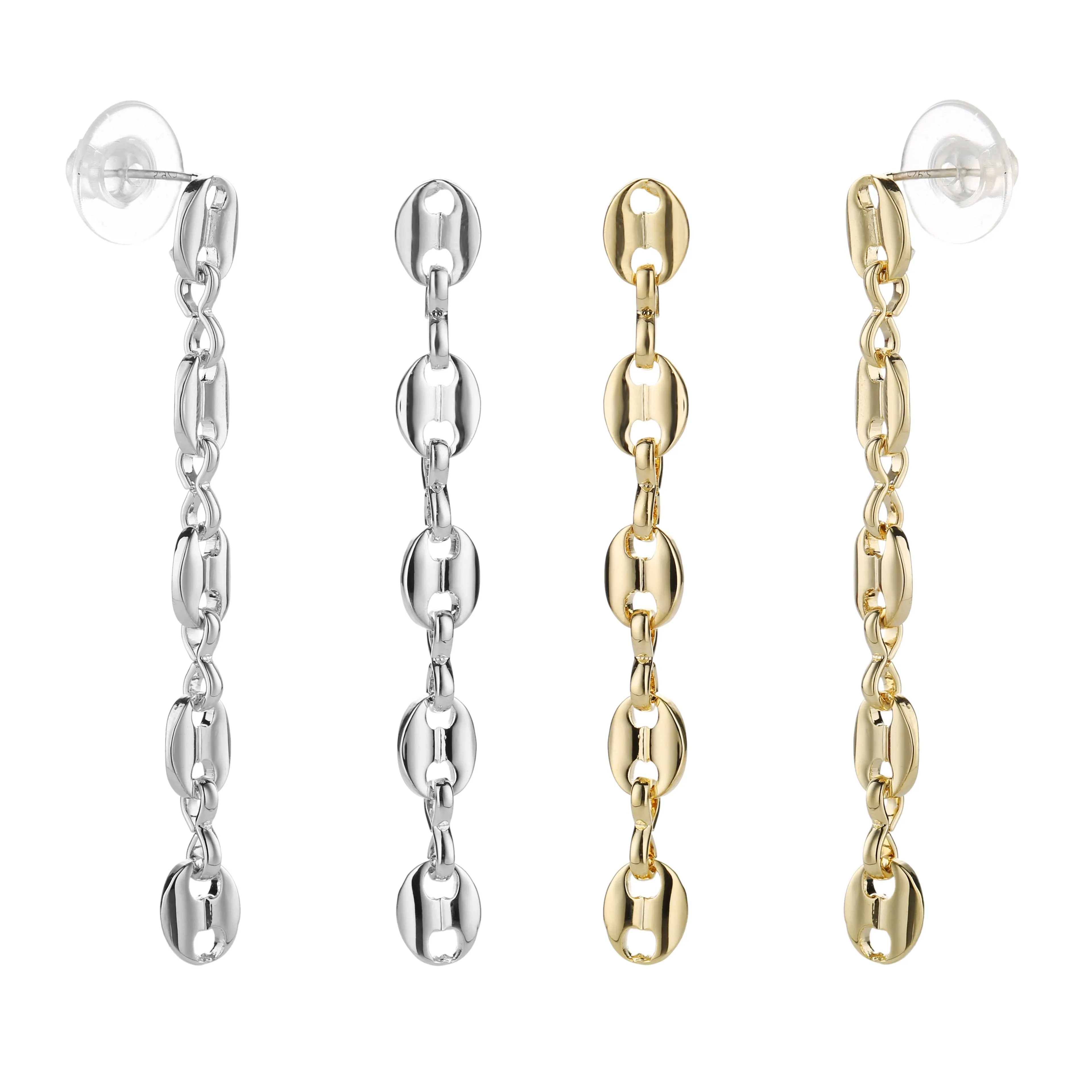 Gold Plated Puff Mariner Long Drop Earrings With 925 Sterling Silver Post
