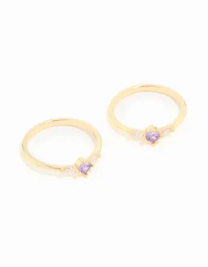 Gold Plated Purple Cubic Zirconia Dainty Trio Stacking Rings 2-Pack