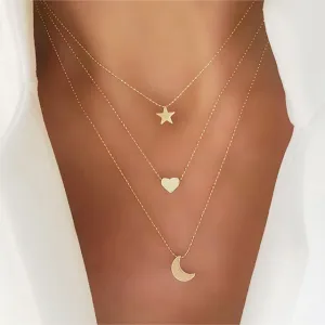 Gold Star Heart Moon Multilayer Stack Mama Necklace