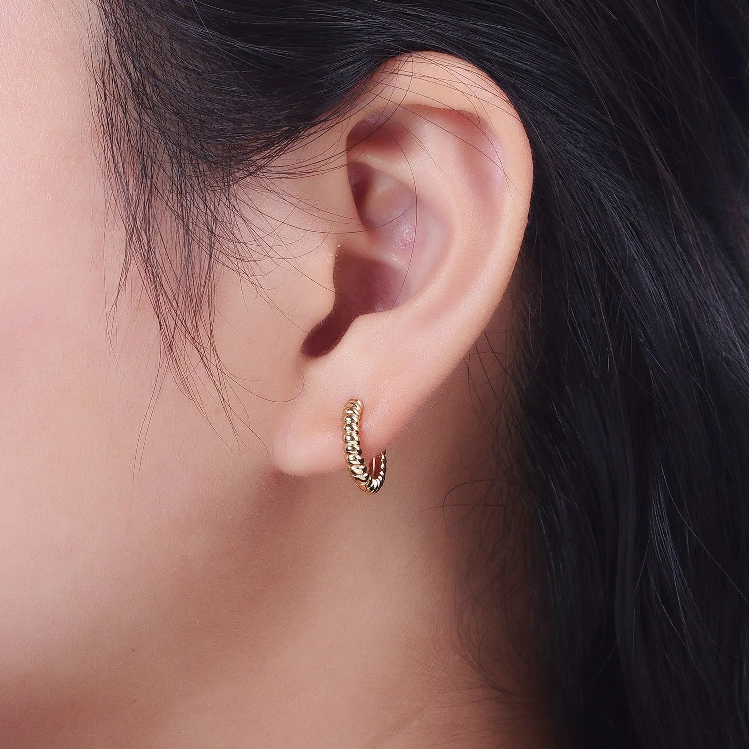 Gold Twisted Croissant 14mm Huggie Minimalist Earrings | V-016