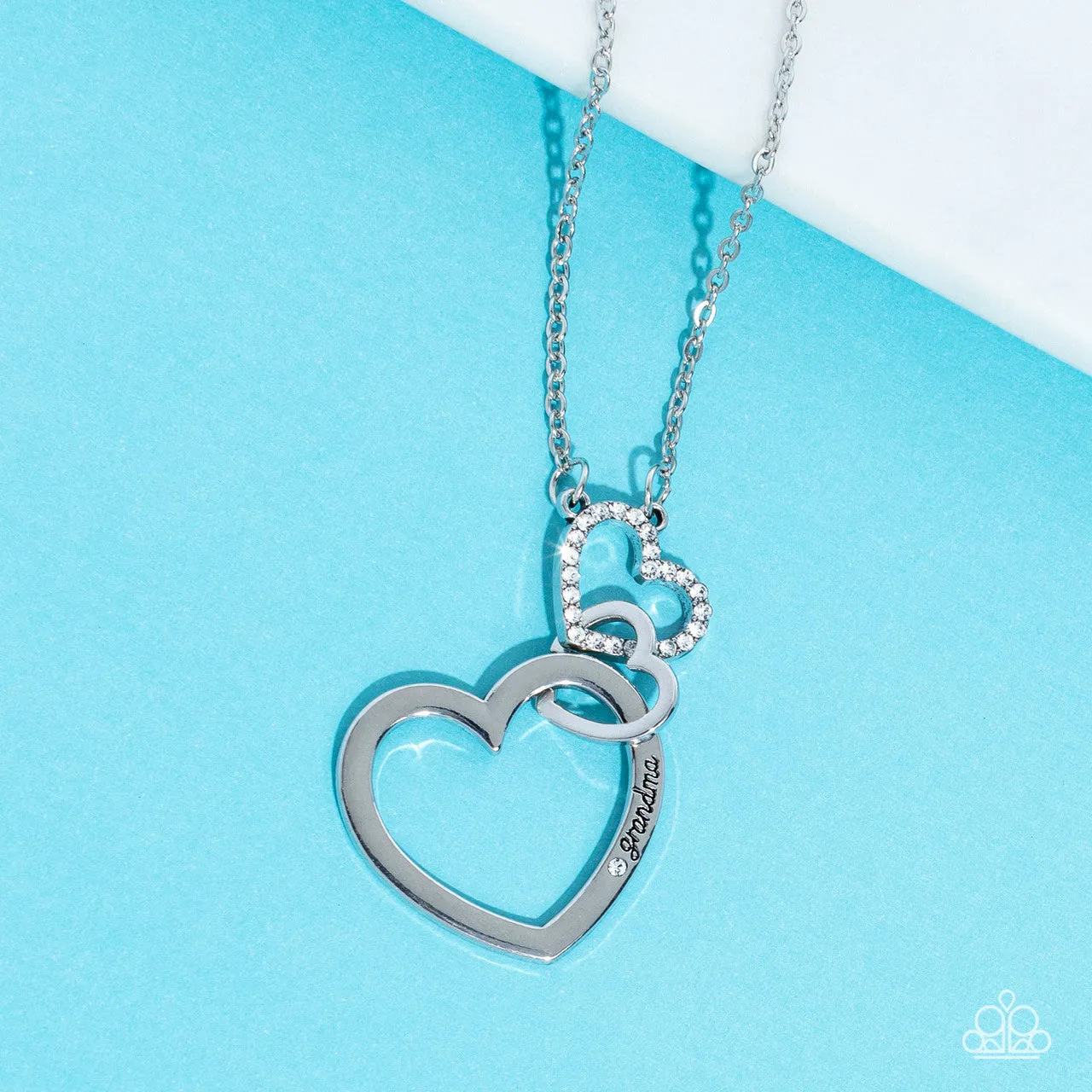 Grandma Glow - White - Rhinestone Interlocking Hearts "Grandma" Mother's Day Paparazzi Long Necklace