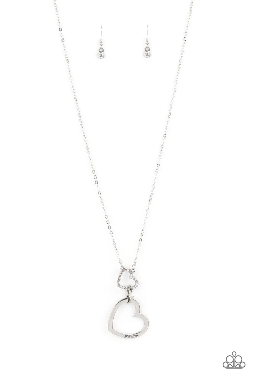 Grandma Glow - White - Rhinestone Interlocking Hearts "Grandma" Mother's Day Paparazzi Long Necklace