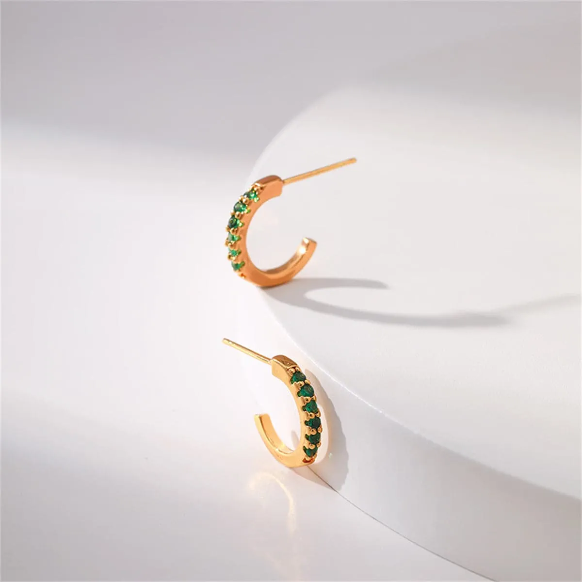 Green Cubic Zirconia & 18K Gold-Plated Huggie Earrings