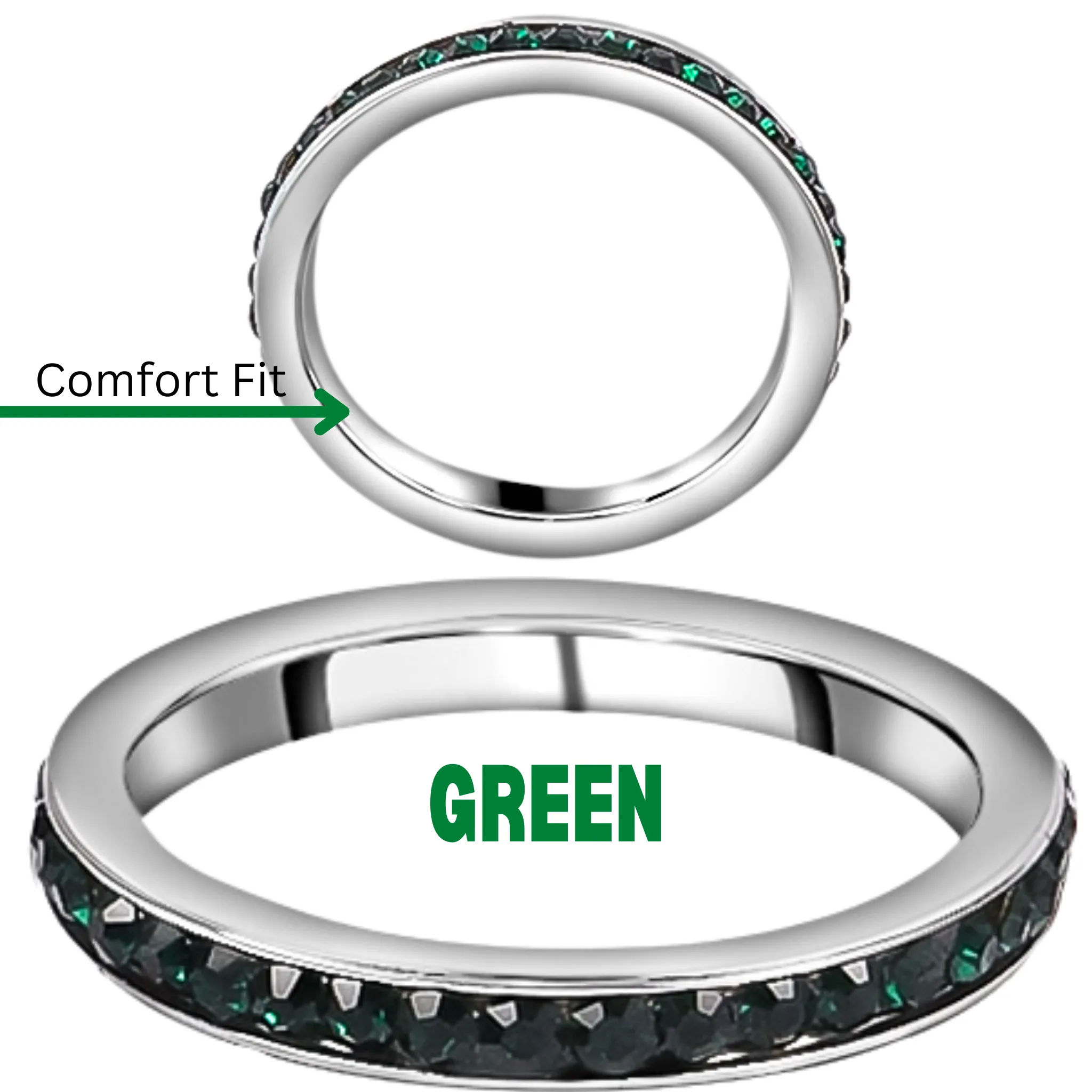 GREEN Stainless Steel Metal Austrian Crystal Eternity Band Stackable Ring