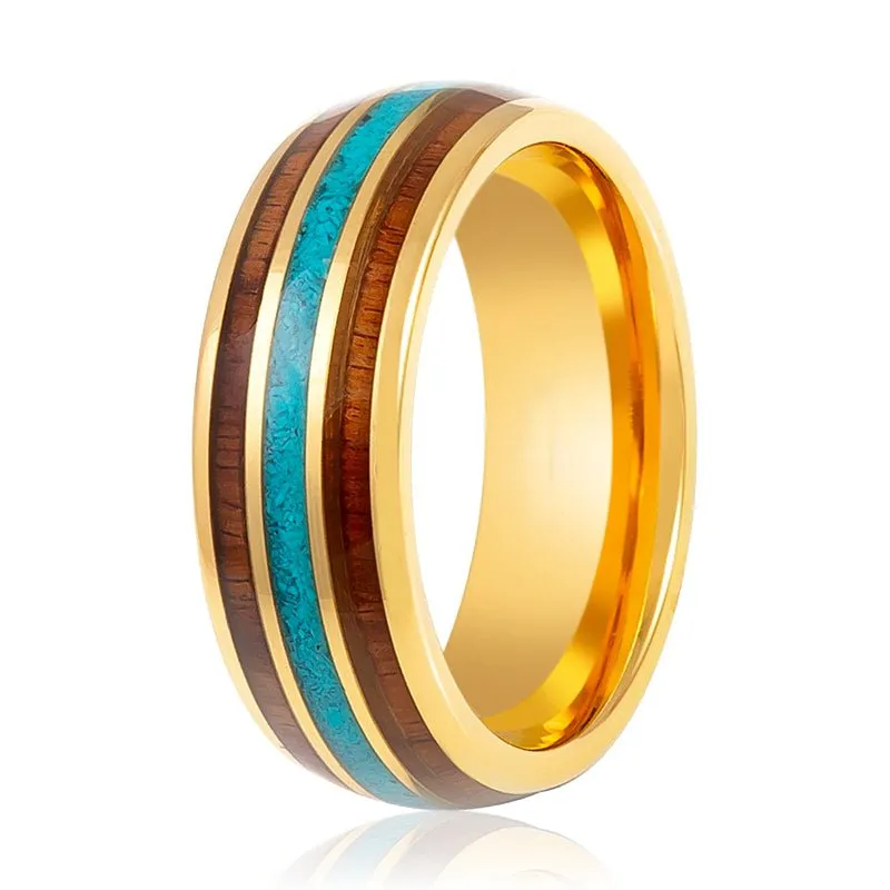 GUNNAR | Gold Tungsten Ring, Rosewood & Crushed Turquoise Inlay, Domed