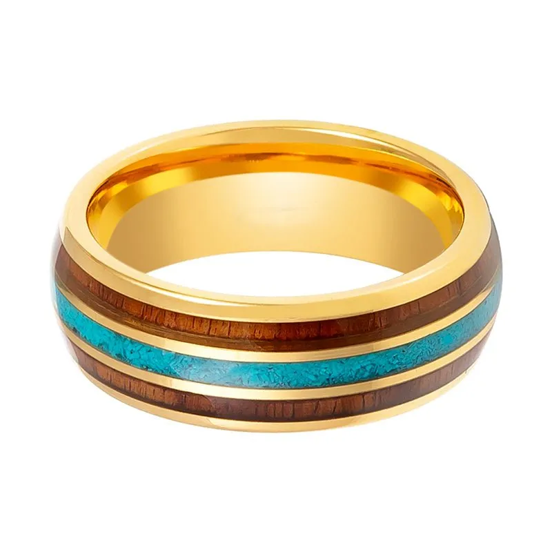 GUNNAR | Gold Tungsten Ring, Rosewood & Crushed Turquoise Inlay, Domed