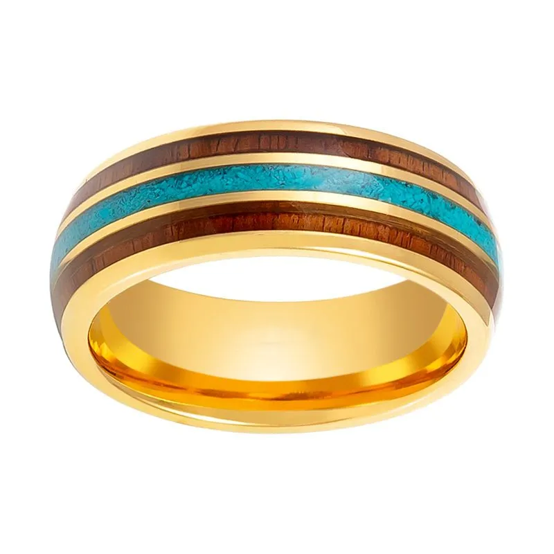 GUNNAR | Gold Tungsten Ring, Rosewood & Crushed Turquoise Inlay, Domed