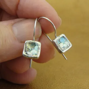 Hadar Designers Roman glass square earrings 925 sterling silver handmade (as)