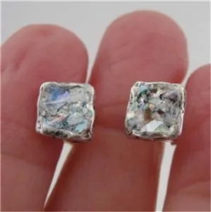 Hadar Designers Roman glass square earrings 925 sterling silver handmade (as)