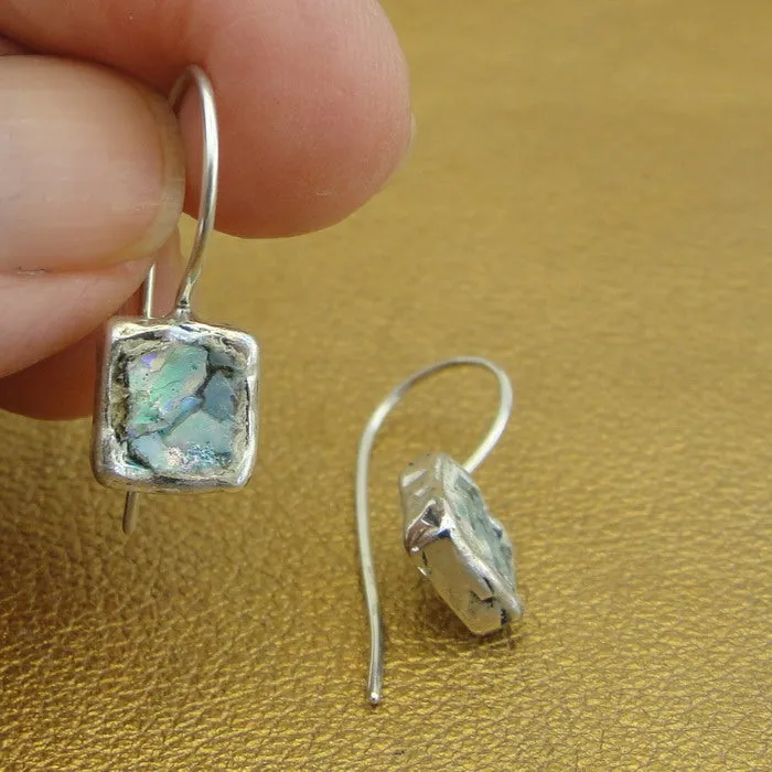 Hadar Designers Roman glass square earrings 925 sterling silver handmade (as)